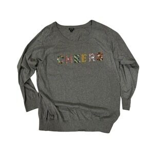 Torrid Womens Size 4  26/28 Gray Cotton Pullover Sequined "Cheers"‎ Sweater